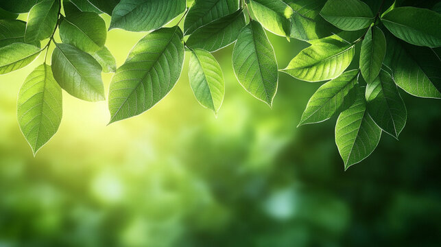 Soft morning sunlight filtering through lush green forest leaves creating a peaceful, serene atmosphere with blurred background and empty space for captions or text overlay