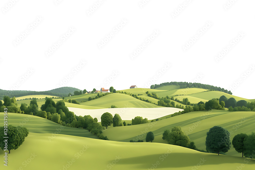 Aufkleber tranquil countryside landscape with rolling hills and farm fields isolated on a white background