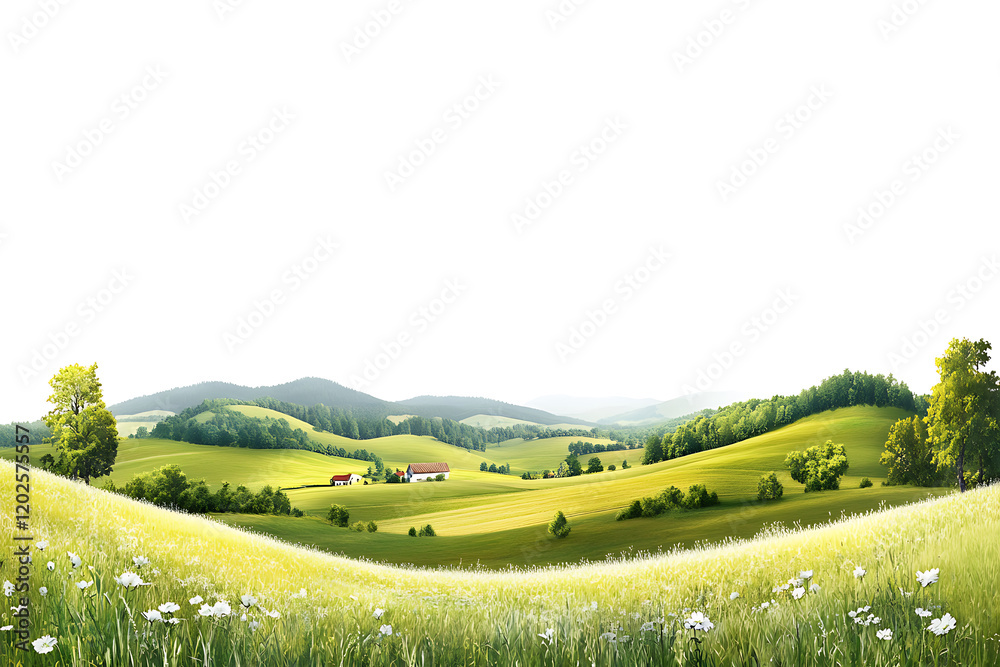 Aufkleber tranquil countryside landscape with rolling hills and farm fields isolated on a white background