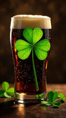 Dark foaming beer with clover leaf on brown background, St. Patrick's Day card