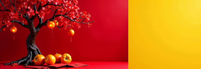 Mandarin tree decorated with glowing lanterns with red gift envelopes underneath, chinese new year card, copy space