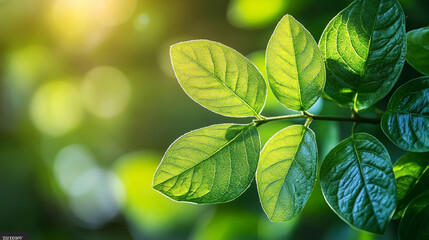 Soft morning sunlight filtering through lush green forest leaves creating a peaceful, serene atmosphere with blurred background and empty space for captions or text overlay

