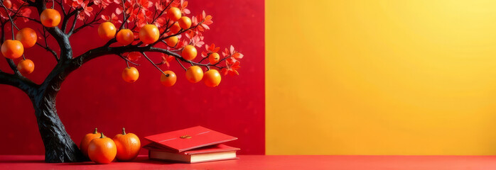 Mandarin tree decorated with red gift envelopes underneath, Chinese New Year card