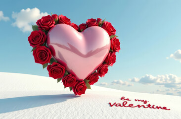 A huge rose heart with red roses levitates over the white sand, on which is written be my Valentine against the background of a blue sky, copy space