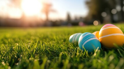 Naklejka premium Colorful Easter eggs hidden in the lush green grass under a sunny sky