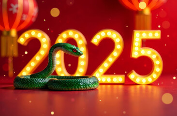 A green tree snake crawls next to the golden glowing numbers 2025 against the background of burning Chinese lanterns, copy space