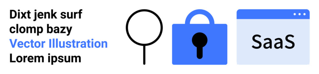 Magnifying glass, blue lock symbol, and SaaS label on a browser window. Ideal for technology, cybersecurity, software development, data protection, online services, internet security, business