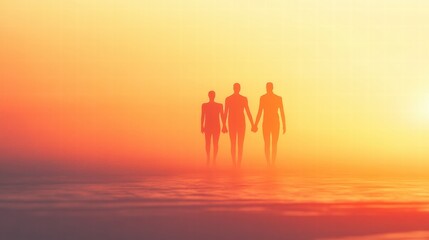 Silhouettes of people holding hands create an abstract scene during a vibrant sunset over calm waters. Generative AI