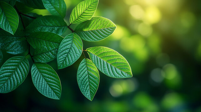 Soft morning sunlight filtering through lush green forest leaves creating a peaceful, serene atmosphere with blurred background and empty space for captions or text overlay