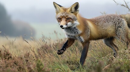  A close-up of a fox in a field of tall grass with a foggy sky in the background
