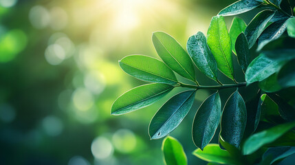 Soft morning sunlight filtering through lush green forest leaves creating a peaceful, serene atmosphere with blurred background and empty space for captions or text overlay

