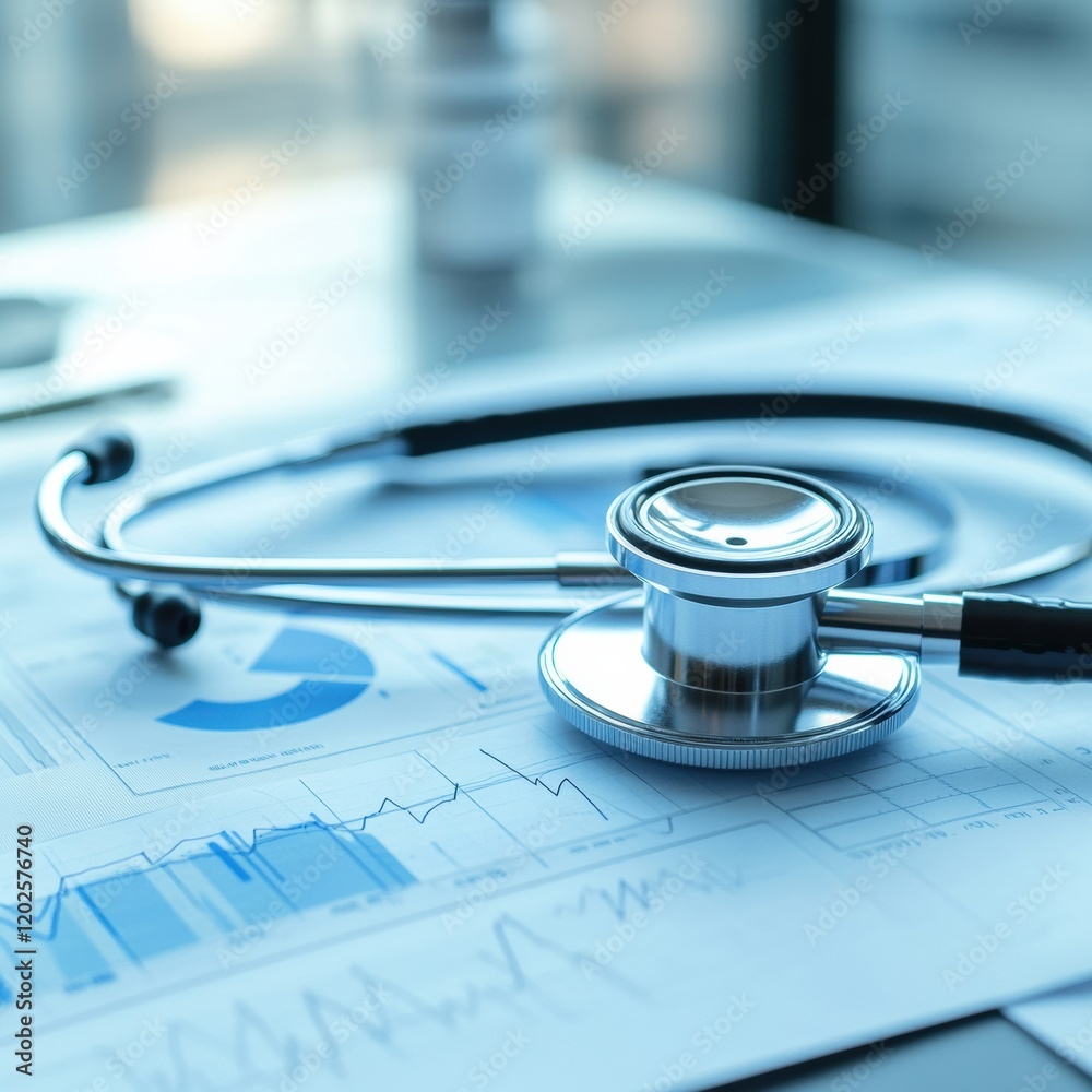 Aufkleber medical equipment laying on a report with graphs and statistics in a healthcare setting during the d