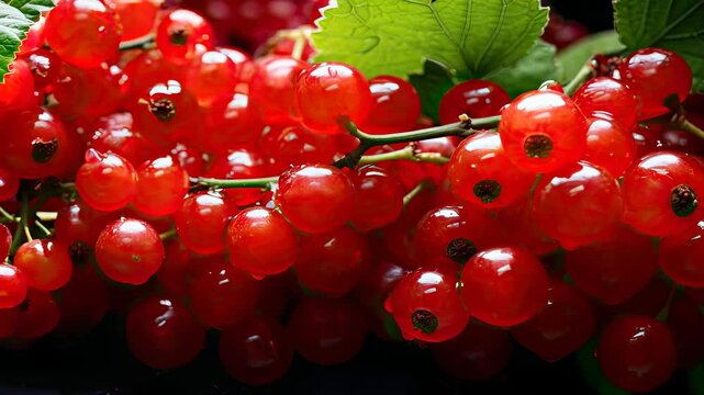 Juicy red currants with fresh green leaves on dark backdrop