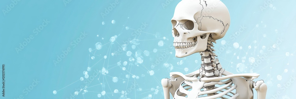 Poster realistic human skeleton model on a blue background with a modern scientific design. generative ai