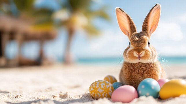 Easter bunny and colorful eggs enjoy a tropical beach getaway in paradise