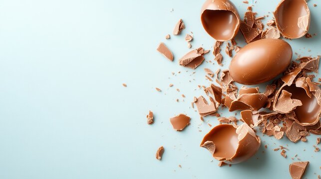 Deliciously shattered milk chocolate egg artfully scattered on grey