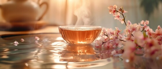 A serene glass teacup with steam, surrounded by delicate cherry blossoms, reflecting warm morning light creating a tranquil, invigorating scene.
