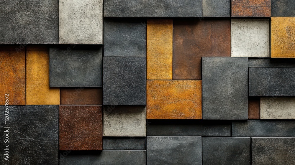 Wall mural Abstract geometric texture of layered stone tiles in various shades of brown, gray, and beige.