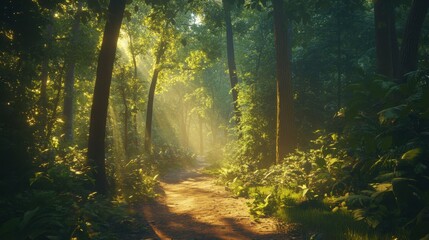 Obraz premium Sunlit forest path with lush green foliage