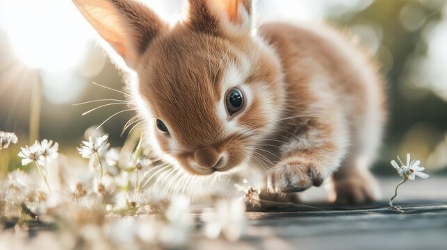 Charming brown bunny explores a blooming garden under soft sunlight