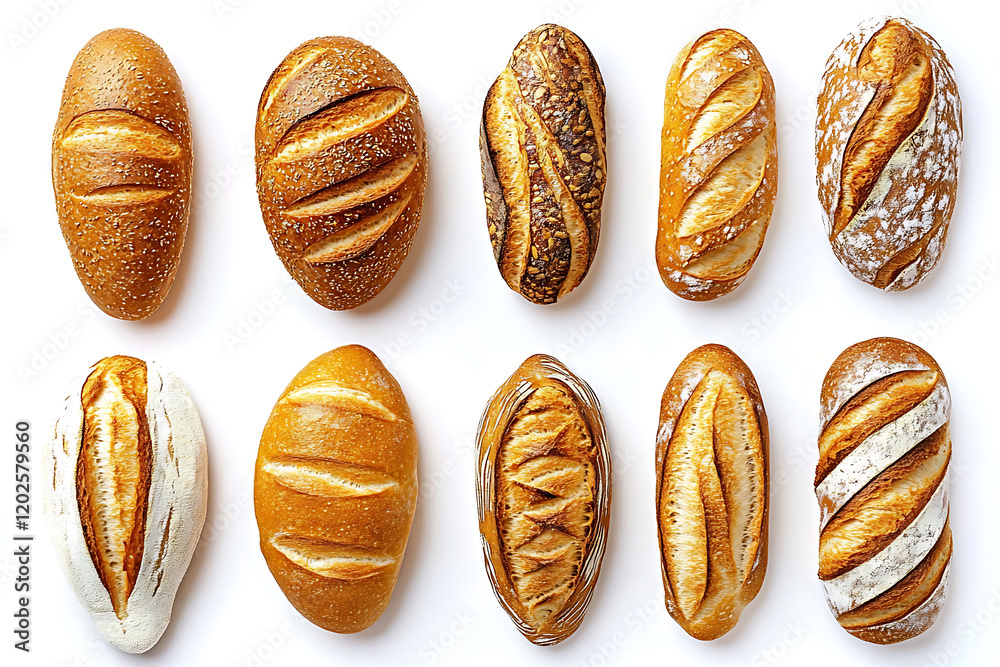 Poster set collection of baguette bread group stack isolated on a white background