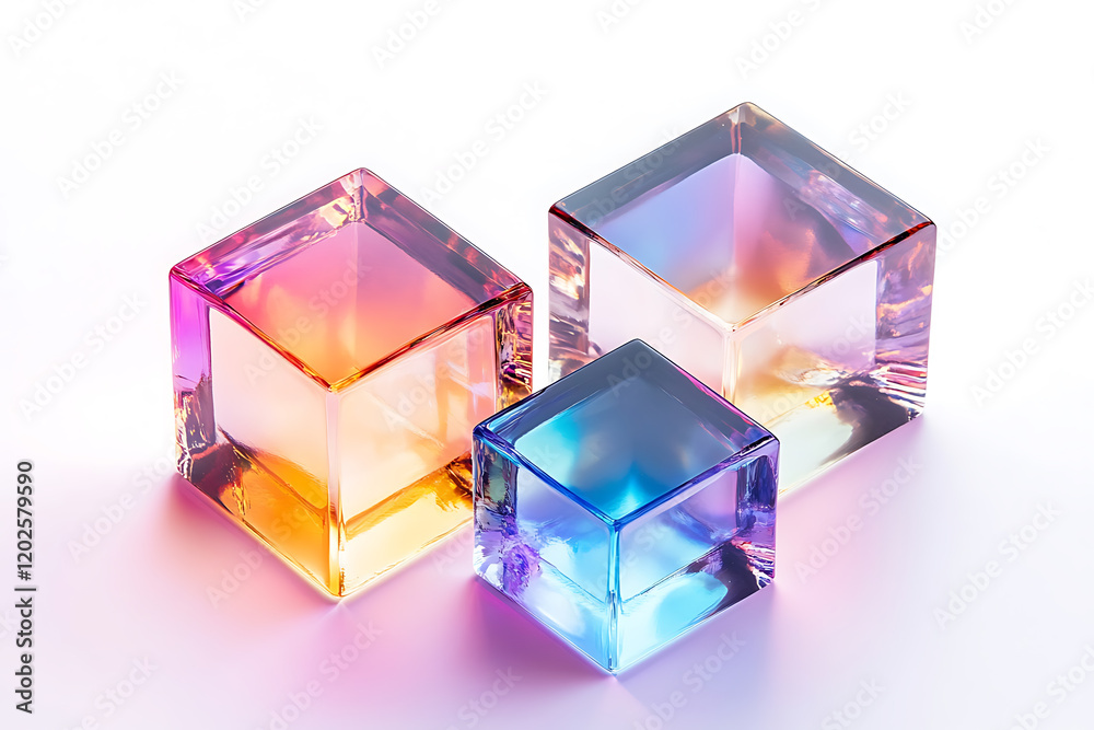 Poster set of 3d crystal glass cubes with refraction and holographic effect isolated on a white background