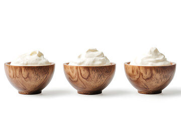 Set collection of three bowls of sour cream isolated on a white background