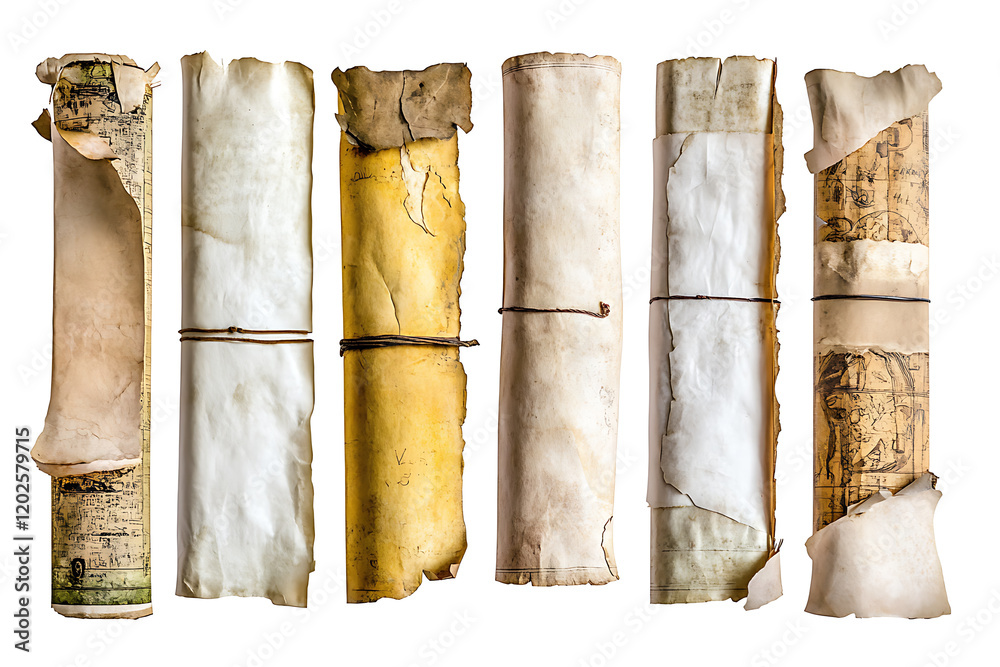 Poster set of ancient parchment scrolls isolated on a white background