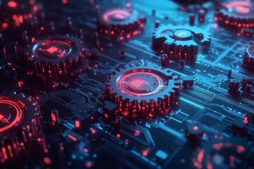 Futuristic digital technology design featuring circuit board, gears, and binary code in blue and red
