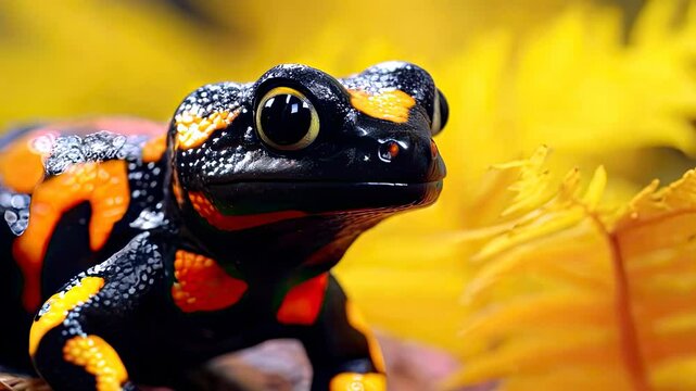 vibrant salamander perched on a leaf amidst a colorful backdrop