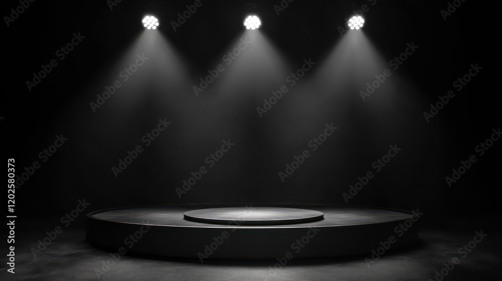 Aufkleber dark stage with three spotlights illuminating a circular platform. (1)