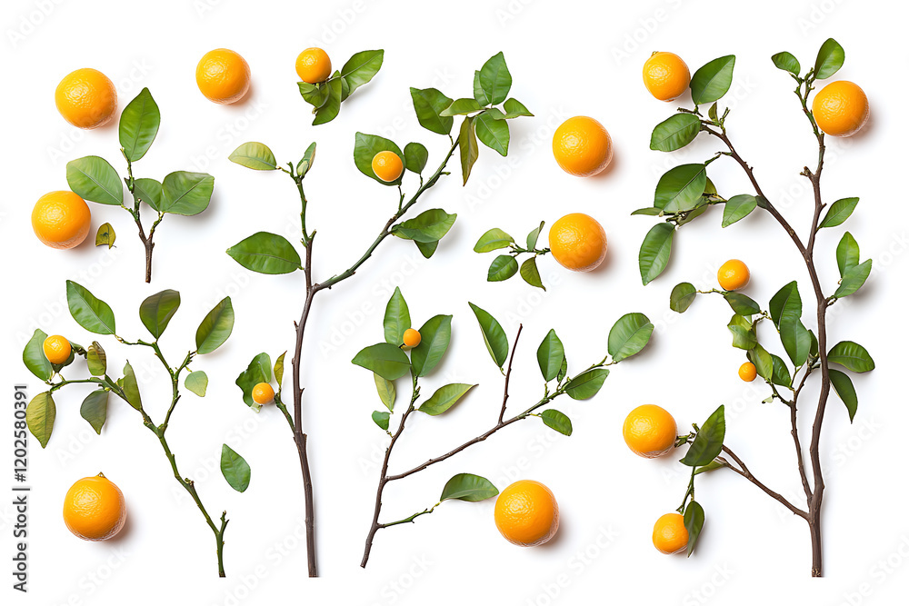 Poster set of branches with ripe, delicious oranges isolated on a white background