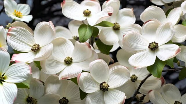 Delicate dogwood flowers in full bloom against a dark backdrop