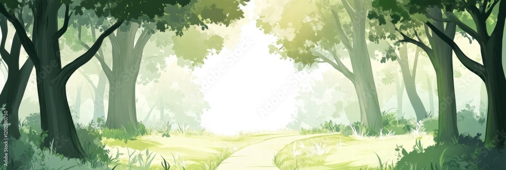 Aufkleber winding forest trail through tall trees inviting exploration and tranquility in a serene natural set