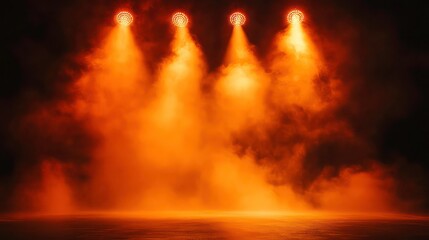 Three orange spotlights illuminate a smoky stage.