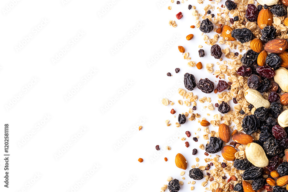 Poster mix of nuts and dry fruits isolated on a white background