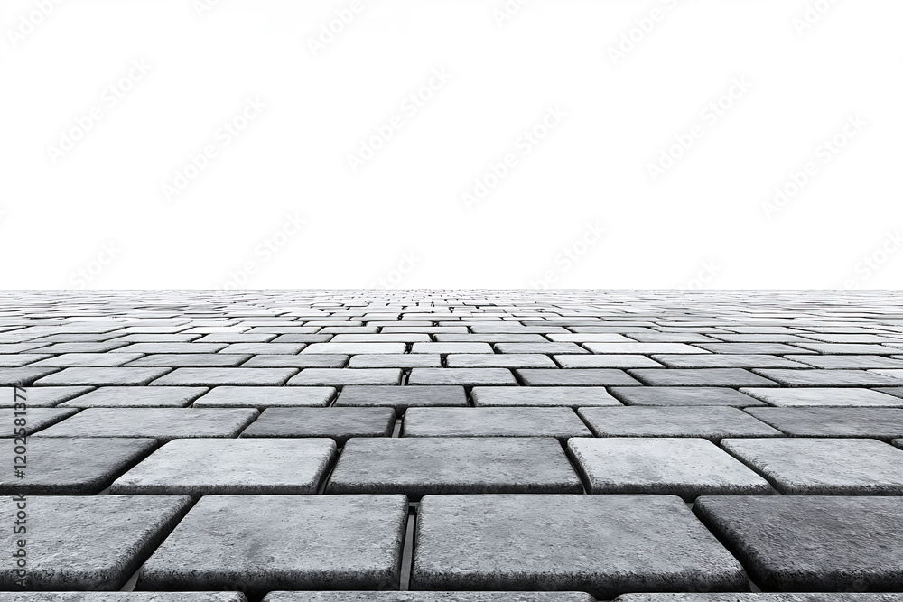 Poster perspective of neatly arranged paving stone blocks forming a pavement isolated on a white background