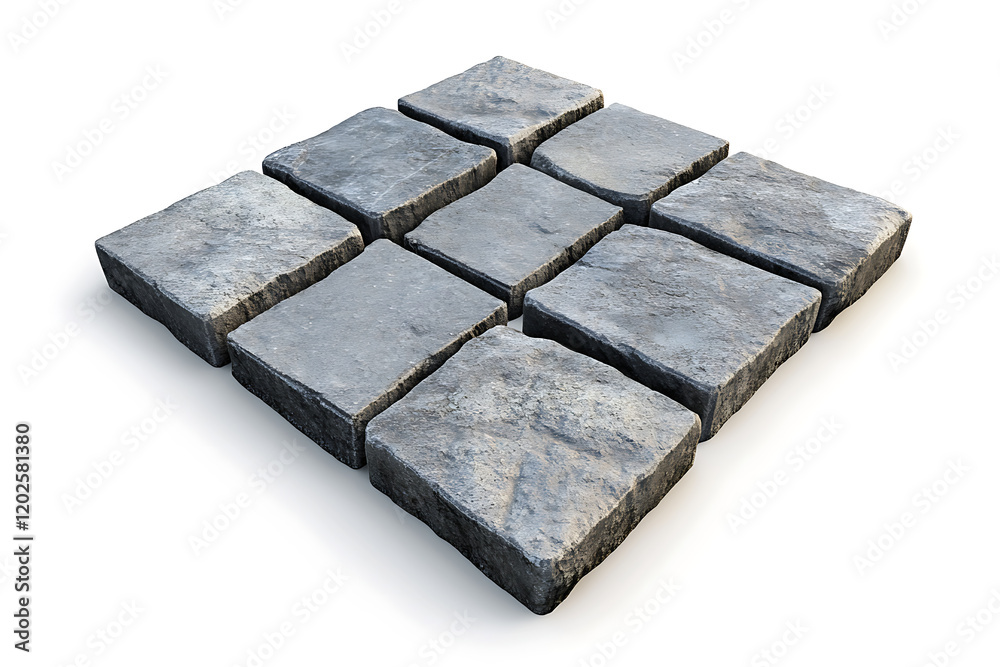 Poster Perspective of neatly arranged paving stone blocks forming a pavement isolated on a white background