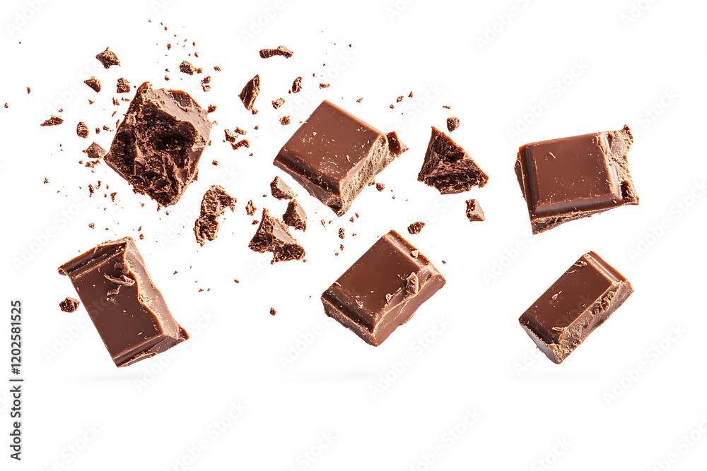 Poster set of delicious chocolate bar pieces falling into chocolate splashes isolated on a white background