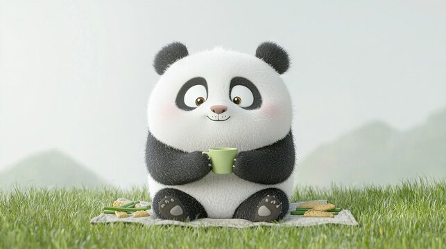   A pandemonium bear with an aroma of java resting on a quilt amidst dewy blades and a majestic peak in the distance