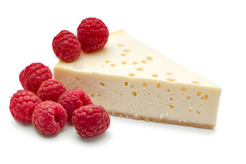 Piece of cheesecake with raspberries isolated on a white background