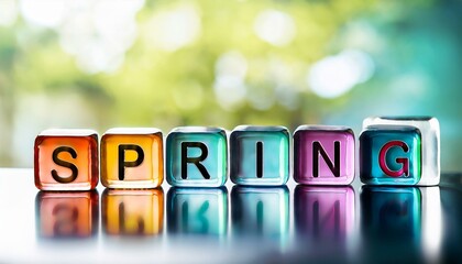春を意味する英単語SPRINGの文字が書かれた木製のキューブブロック。 aiで生成	
