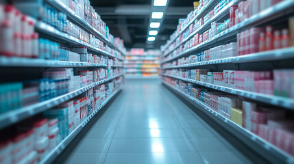 Rows of bottles and blister packs on pharmacy shelves in a clean modern setting blurred background suggesting order and chaos with empty caption space conveying healthcare choices and consumer decisio