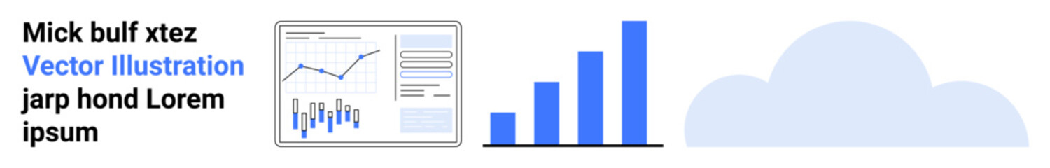 Business analytics dashboard with bar graphs, report charts, and cloud icon. Ideal for data visualization, business analysis, financial tracking, performance metrics, cloud computing, digital tools
