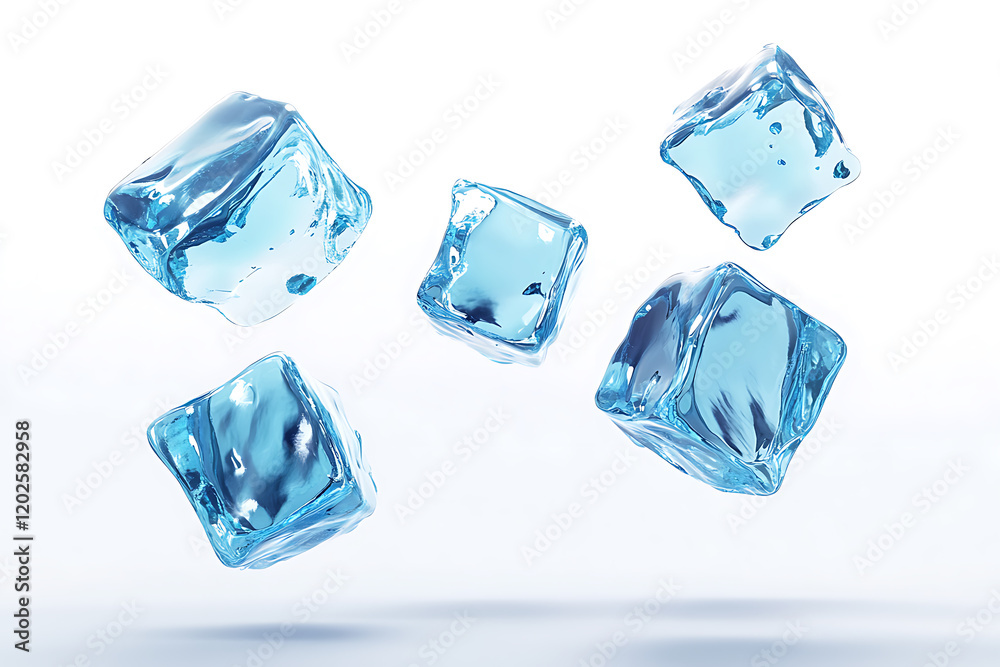 Poster set of flying melting ice cubes isolated on a white background