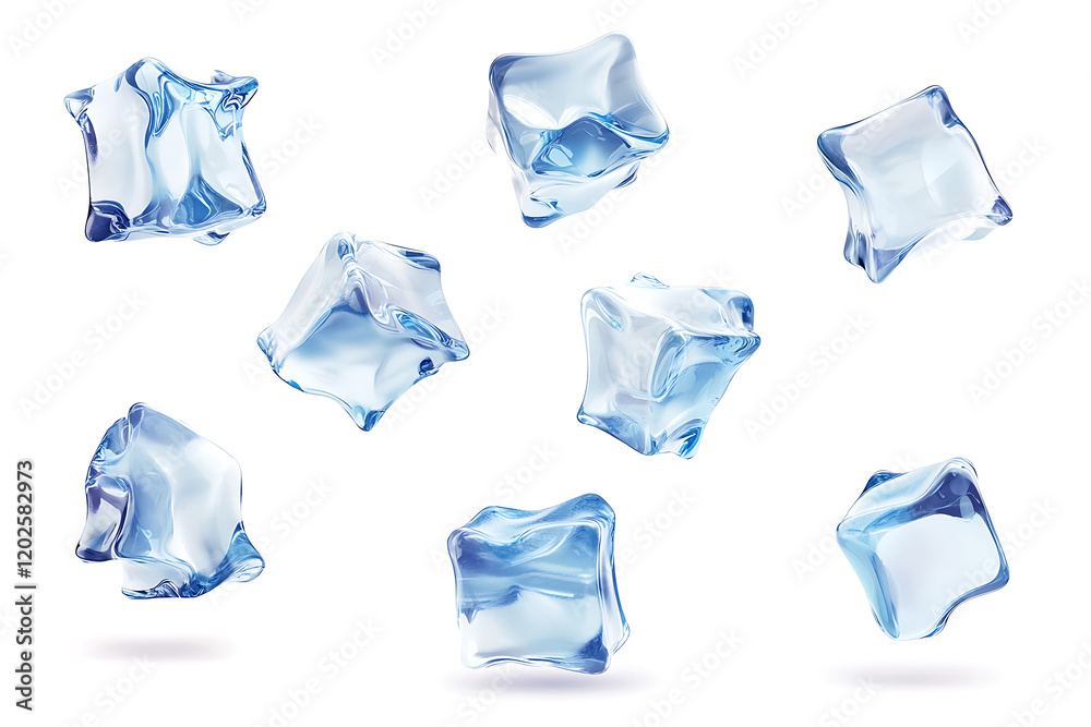 Poster set of flying melting ice cubes isolated on a white background