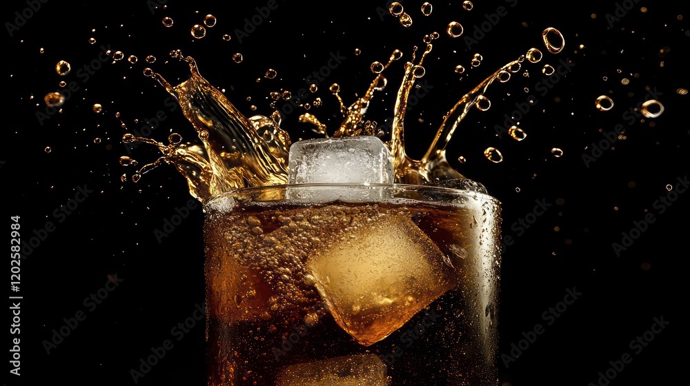 Poster close-up of cola drink with ice cubes splashing.