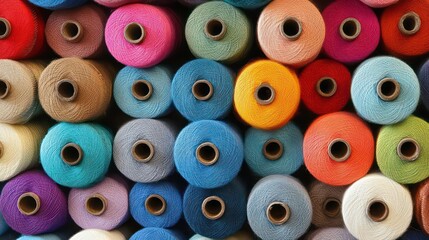 Fototapeta premium Colorful spools of thread arranged in a neat pattern, showcasing a variety of colors and textures.