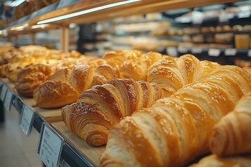 Golden croissants displayed in bakery, store background