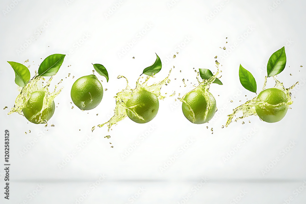 Poster set of fresh delicious limes splashing with leaves isolated on a white background